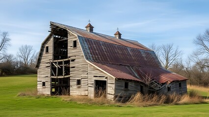 Obraz premium Dilapidated gray wooden barn with rusted metal roof in rural grassy field under clear sky dilapidated barn