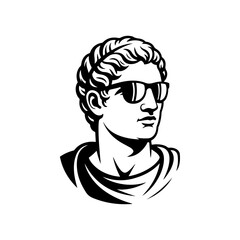 Fototapeta premium A classical Roman bust wearing modern sunglasses is drawn in bold black and white line art, blending ancient sculpture style with trendy contemporary flair.