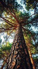 Fototapeta premium Dramatic Low Angle View of Tall Pine Tree Against Bright Sky in Forest