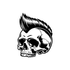 Obraz premium A fierce punk skull with a tall spiky mohawk, deep eye sockets, and gritted teeth is illustrated in bold black and white tattoo style on a clean background.