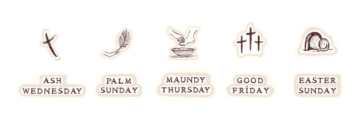Holy week 2026 Easter Icon picture set with Jesus , ash cross washing feet and hand written text. Isolated flat vector for christian holiday of ash wednesday, maundy thursday, palm sunday collection © Limolida Studio
