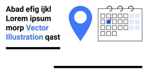 Location tracking, schedule planning, event organization, business management, user interface, creative design. A blue location pin, calendar with checkbox and placeholder text. Location tracking