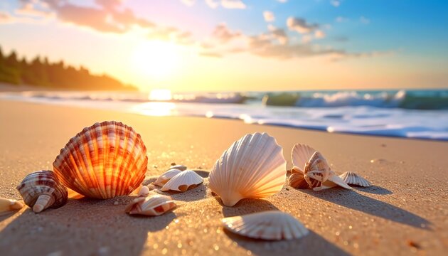 Conchas marinas sobre arena de playa al amanecer con luz c&aacute;lida y mar al fondo