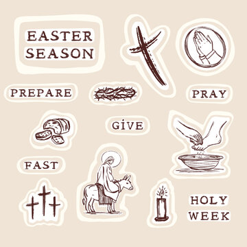Holy week 2026 Easter Icon picture set with Jesus , ash cross washing feet and hand written text. Isolated flat vector for christian holiday of lent and eastertide symbol collection