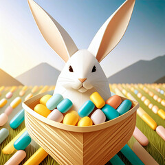 Abstract Easter Bunny with a basket of colorful eggs in a field of easter eggs