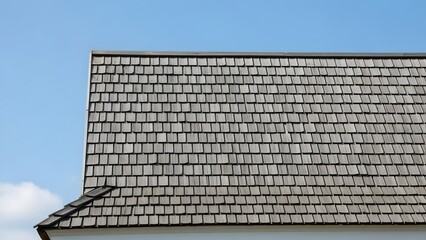 Gray rectangular tiled roof on a building under clear blue sky gray tiles rectangular tiles