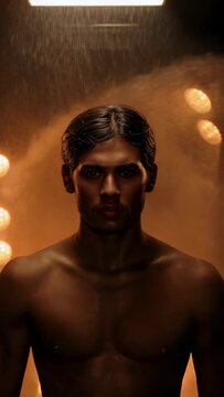 Vertical video: Standing shirtless model posing, camera pulling back and rain rig pouring in studio