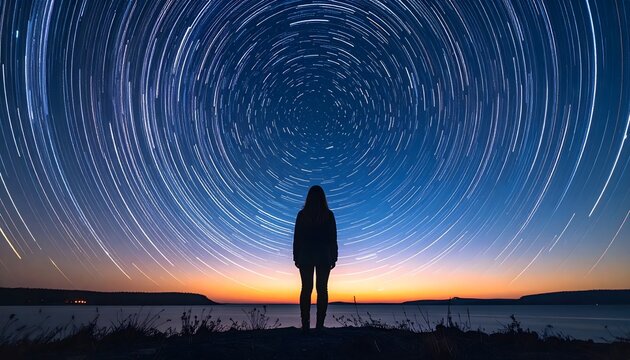 Silueta de una persona bajo estelas de estrellas circumpolares en cielo nocturno