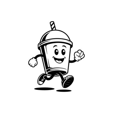 A cheerful running drink cup mascot, ideal for bubble tea shops, smoothie bars, fast food branding, kids menus, delivery apps, loyalty cards, stickers and playful promotional materials.
