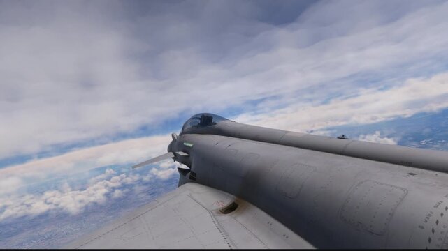 Dynamic aerial view of a powerful china military jet fighter soaring above a sea of clouds, high-altitude flight