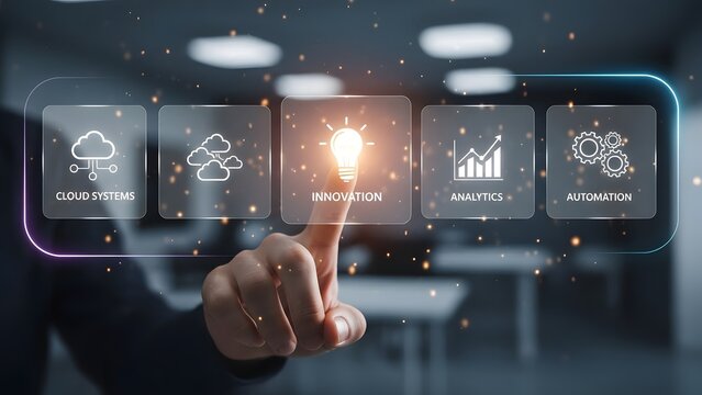 A hand selects innovation on a futuristic business interface for digital transformation - Powered by Adobe