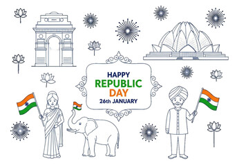 Happy Republic Day India, 26 January, vector illustration with Indian flag, people, and famous monuments on transparent Background 