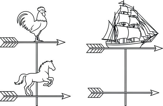 Line art vector set of 4 weathervane designs rooster arrow ship and horse wind vane
