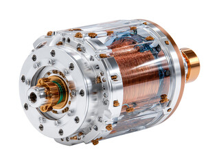 Futuristic electric motor engine with copper coils isolated on transparent or white background, png