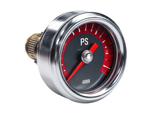 Chrome pressure gauge with red dial isolated on transparent or white background, png