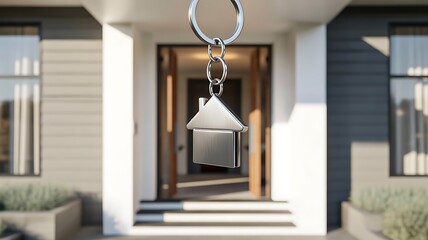 House key with home shaped keychain hanging at front entrance
