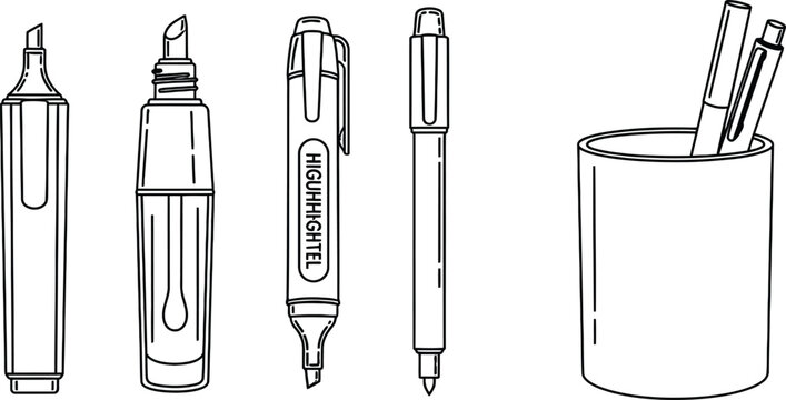 Outline illustration set of 4 highlighter types chisel tip pen liquid highlighter gel highlighter and desk pot