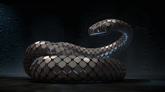 A dark-colored snake with shiny scales coiled on a surface with a dark background