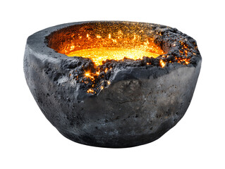 Melting pot with boiling liquid gold isolated on transparent or white background, png