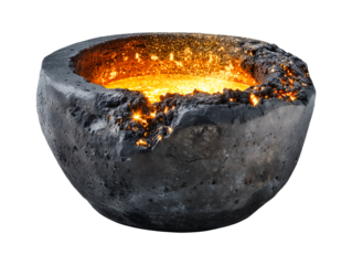 Melting pot with boiling liquid gold isolated on transparent or white background, png