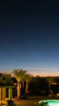 Vertical video: Panning camera showing lit kidney pool at dusk, reflecting two lit palm silhouettes