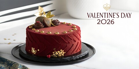 High-end Valentine&rsquo;s Day scene, sculpted red velvet cake, black and gold palette, dramatic studio lighting, &ldquo;VALENTINE&rsquo;S DAY 2026&rdquo; written in elegant serif typography, premium editorial style, clean b