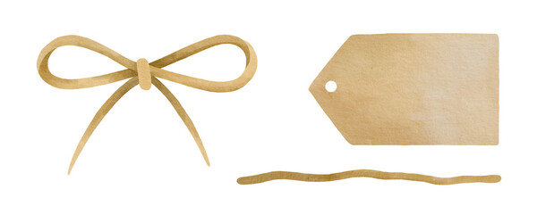 Hand-drawn watercolor illustration of a tied bow, peace of rope and paper label with place for a text isolated on white background © Наталья Желяскова