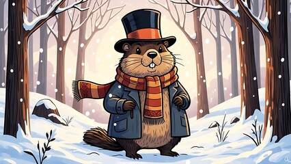 Groundhog day celebration with furry weather predictor in snowy forest