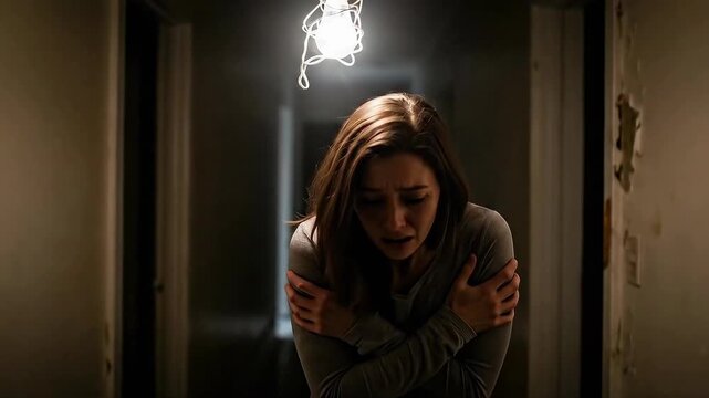 Woman in dark hallway expresses fear under flickering light