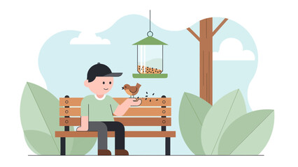 Friendly Encounter Boy with Bird on Hand at Park Bench Vector Illustration