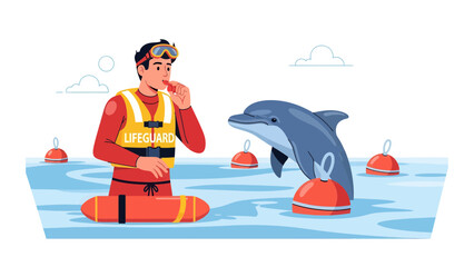 Friendly Encounter A Lifeguard And A Dolphin In The Blue Sea At Work