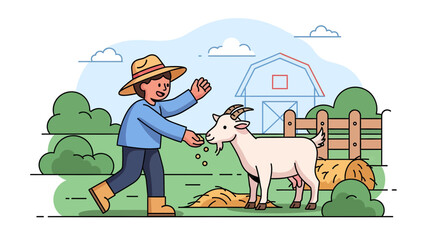 Friendly Farmer Hand Feeding A Goat On A Picturesque Farm Scene