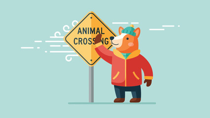 Friendly Fox Winter Crossing Warning Signage Illustration Design Vector Graphic