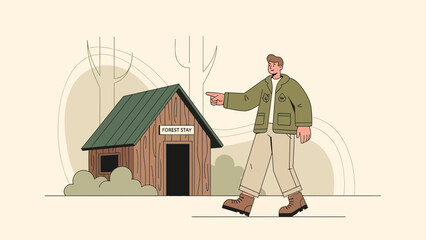Friendly Forest Ranger Guides Visitors To Cozy Cabin Stay On Nature Trail