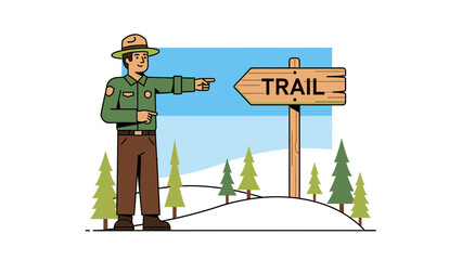 Friendly Park Ranger Directing To Mountain Trail During Winter Season
