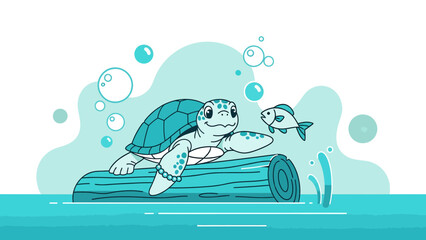 Friendly Turtle Meeting A Fish On The Log In Water Cartoon Illustration