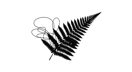 Elegant fern frond silhouette with abstract scribble on white background.
