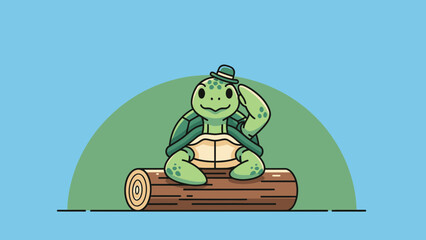 Friendly Turtle Character Saluting While Sitting On A Log With A Green Background