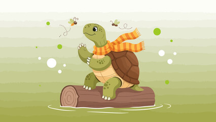 Friendly Turtle Floating On A Log With Scarf In Springtime Illustration