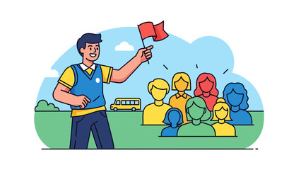 Friendly Tour Guide Leading A Group Adventure With Colorful Graphic Style