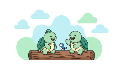 Friendly Turtles Chatting With a Bird On a Log In a Forest Setting