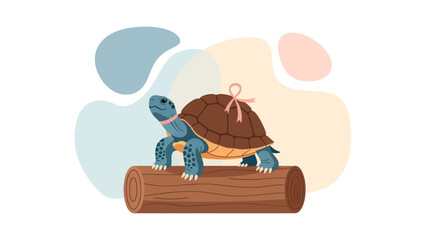 Friendly Turtle Sitting On A Log With Abstract Geometric Elements