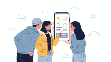 Friends Checking Weather Forecast App For Planning Outdoor Activities Together