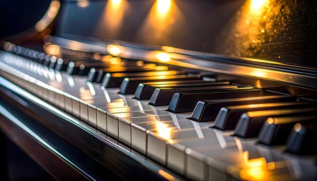 Teclas de piano con reflejos de luz c&aacute;lida en ambiente musical elegante