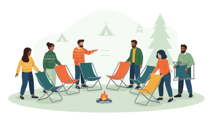 Friends Gathering Around Campfire Arranging Chairs For Outdoor Recreation