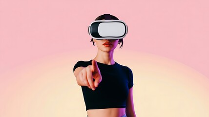 A young woman wearing virtual reality goggles and pointing forward in a pink and yellow gradient background