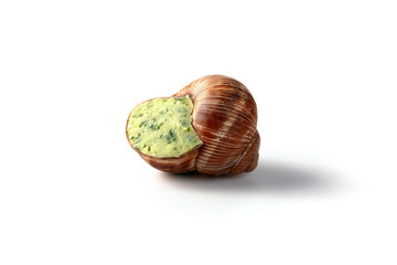 Close-up of a gourmet snail shell stuffed with herb garlic butter, isolated on white background, perfect for culinary and restaurant concepts. © alesmunt