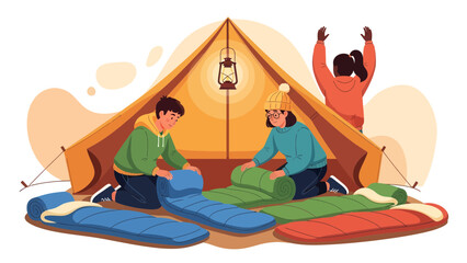 Happy Campers Prepare Sleeping Bags Inside A Tent On Campground