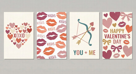 Modern Valentine&rsquo;s Day card set with hand-drawn hearts, lip prints, "XOXO," and "Happy Valentine&rsquo;s Day" text. Aesthetic vector illustrations in pink, red, and gold on a clean cream background.