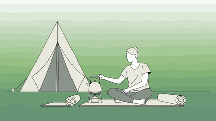 Obraz premium Glamping Lifestyle Peaceful Woman Enjoying Outdoor Leisure Time And Making Tea